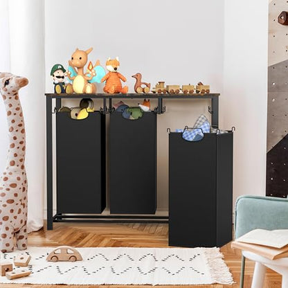 Simple Houseware 3-Section Laundry Sorter w/Tabletop Shelf, Rustic Brown | 3 Pull-Out,10-Gallon Hampers, Metal Frame Laundry Organizer for Bedroom, Bathroom,
