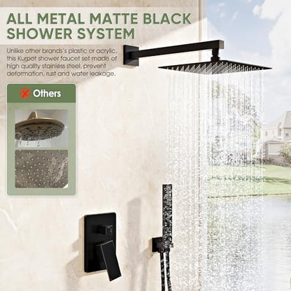 Kurpot Black Shower System, Wall Mounted Shower Faucet Set with Valve, 10-Inch Rainfall Shower Head with Handheld Combo Spray, 59'' Long Shower Hose and Shower Trim Kit, Matte Black - color: Matte Black