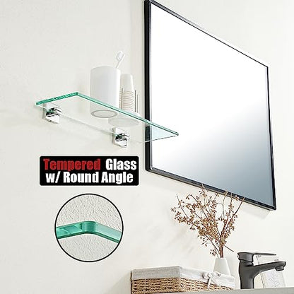 JQK Bathroom Glass Shelf, Floating Tempered Glass Shower Storage 16 by 5 inches, 304 Stainless Steel Polished Chrome Wall Mount, TGS201L16-CH - color: Polished Chrome, size: 16 Inch