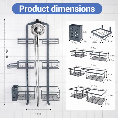 Extra Large Shower Caddy Hanging, Rust-Resistant Shower Organizer Hanging,3 Tier Height-Adjustable Over the Head Caddy,Rack with Soap Basket (Gray) - color: Gray