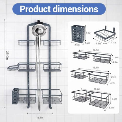 Extra Large Shower Caddy Hanging, Rust-Resistant Shower Organizer Hanging,3 Tier Height-Adjustable Over the Head Caddy,Rack with Soap Basket (Gray) - color: Gray