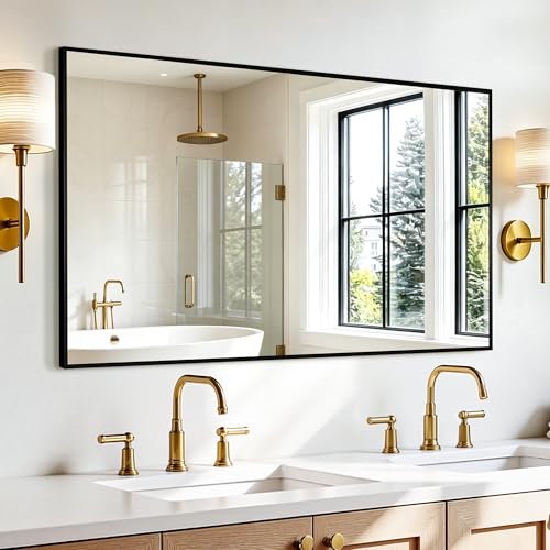 Rectangular Bathroom Mirror, 55"x30" Black Metal Framed Vanity Mirror, HD Shatterproof Wall Mirror, Horizontal or Vertical Hanging, Easy Installation for Bathroom, Bedroom, Living Room, Entryway - color: Black, size: 55"L x 30"W