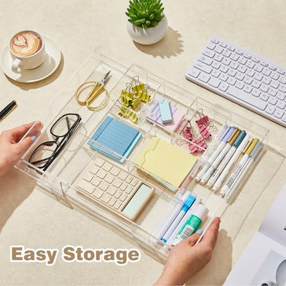 Briwooody 2 Pcs Acrylic Desk Drawer Organizer Maximum 12 x 18 x 2.1 Inch Expandable Drawer Organizer Trays with 8 Adjustable Compartments Desk Accessories for Makeup Silverware Office Bathroom - size: 12 x 18 x 2.1 Inch