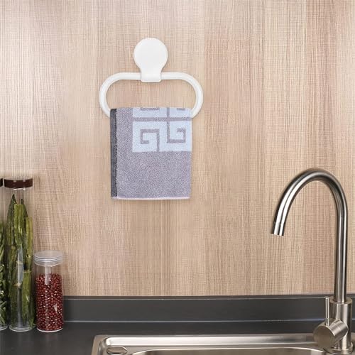 Adhesive Towel Holder, White Hand Towel Holder for Wall Mounted, Plastic Oval Shower Washcloth Hanger Ring for Bathroom