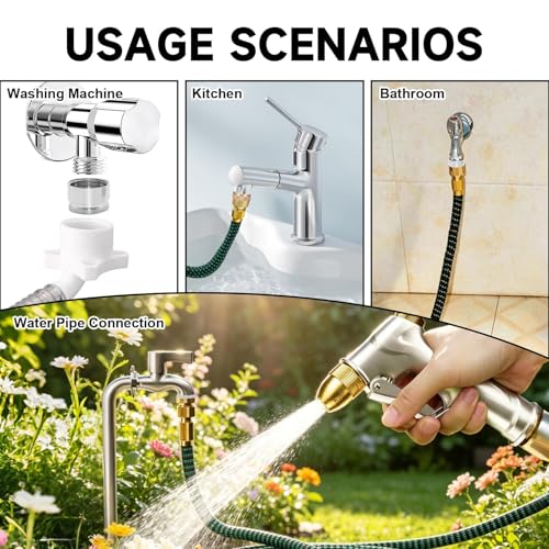 3-Piece Faucet to Garden Hose Adapter Kit, Solid Brass Sink Faucet Connector with Aerator for Kitchen & Bathroom, Fits G1/2", 55/64", 15/16" Faucets to 3/4" GHT Hose, Includes Washers & Tape