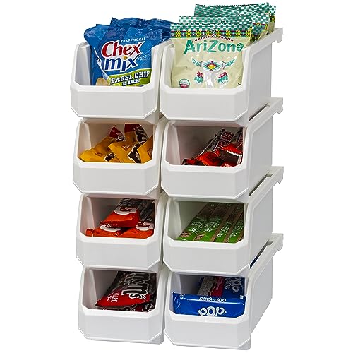 Medium Stackable Plastic Storage Bins, 8-Pack, White | Open-Front Stackable Bins For Garage, Pantry, Closet & Office, 11"L X 5,5"W X 5"H, Nests When Empty, Durable Plastic, - color: White, size: Medium, 8-Pack