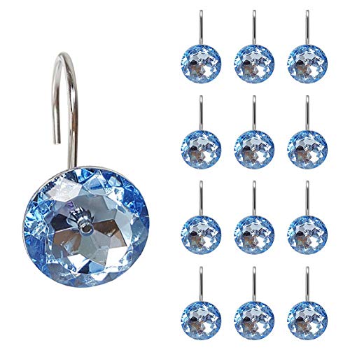 12 Pcs Bling Rhinestones Shower Curtain Hooks Bathroom Rolling Hooks - color: Blue