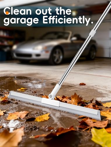 Floor Squeegee Broom with Long Handle, Heavy Duty Rubber Squeegee Kit, Scrubber for Tile Floor, Garage, Concrete with 2 Replacement Heads & 1 Cloth (3-in-1 Set)