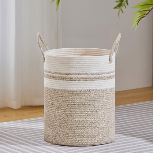 VIPOSCO 53L Tall Woven Laundry Basket Hamper, Brown White | Cotton rope laundry hamper, collapsible wicker basket, storage for blanket, toys, dirty clothes, for bedroom, bathroom - color: Brown & White, size: 53L