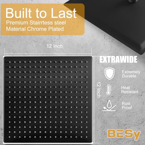 12 Inch Rain Shower Head, 12" Square Rainfall & High Pressure Stainless Steel Bath Showerhead, 1/16" Ultra Thin, Waterfall Full Body Coverage with Silicone Nozzle, Matte Black Finish | Square Rain Bathroom Showerhead, High Flow, Large Stainless Steel, Cei