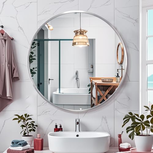 28inch Sliver Round Mirror,Aluminum Brush Framed,Wall Mounted Vanity Mirror,5MM Copper Free Mirror - size: 28"L x 28"W