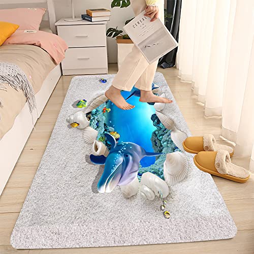 LYFANS Bath Rugs Sponge Foam Absorbent Soft for Bathroom and Kitchen (71 x 24 inches), Flannel Mat Non Slip Bright 3D Print for Bedside and Living Room(Heart-Shaped Beach Dolphin) - color: Heart-shaped Beach Dolphin, size: 71 x 24 inches