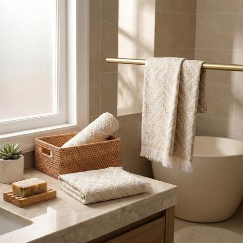 4-Pack Cotton Bathroom Hand Towels – Boho Cotton Hand Towel Set with Jacquard Weave & Fringe, 13"x29.1" Absorbent Soft Face Set for Kitchen, Bathroom, Guest Tea Gift (Brown, White) - color: Brown，white