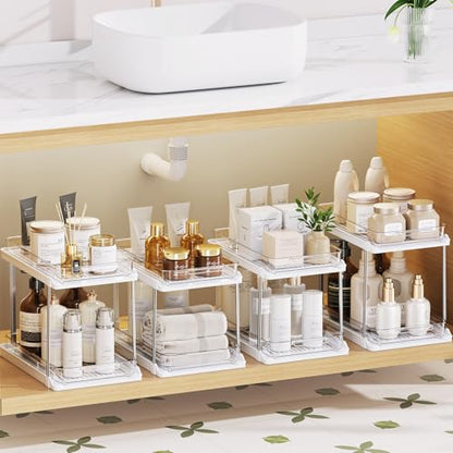 Delamu 2-Tier Bathroom Under Sink Organizers and Storage, Pull Out Cabinet Drawers with Anti-Slip Design, Multi-Purpose Storage for Kitchen, Pantry, Bathroom & Home Organization, White, 4 Pack