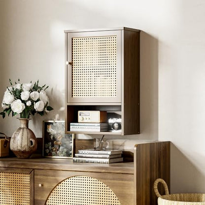 HITNET Bathroom Cabinet Wall Mounted, Medicine Cabinet with Single Rattan Door, Bamboo Hanging Storage Organizer Over Toilet, Space Saving, Walnut - color: Walnut