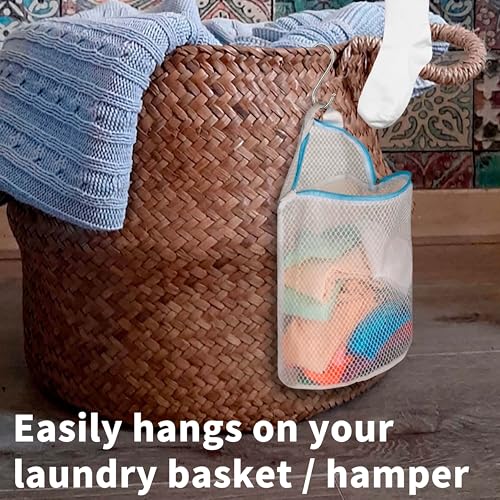 3Pcs Hanging Laundry Bags for Socks with S Hooks, 12 X 10 inch 3 Color Mesh Laundry Bags for Washing Machine