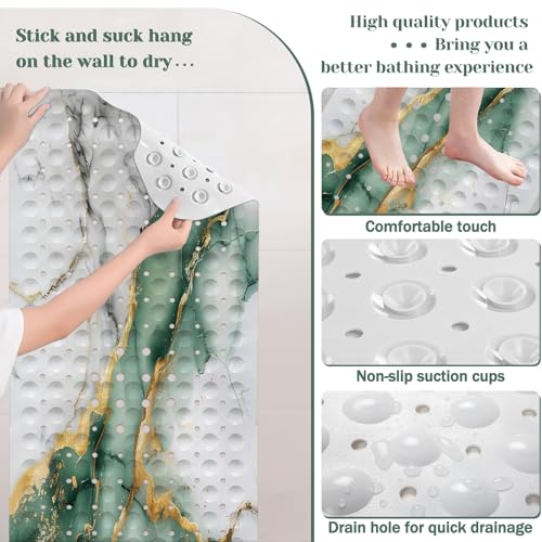 Marble Bath Tub Mat Non Slip, Green Gold Marble Non Slip Bath Mat for Shower, Large Washable Shower mats for Showers with Drain Holes and Suction Cups,40 X 16 Inch - color: Green Marble