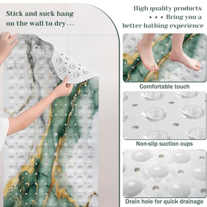 Marble Bath Tub Mat Non Slip, Green Gold Marble Non Slip Bath Mat for Shower, Large Washable Shower mats for Showers with Drain Holes and Suction Cups,40 X 16 Inch - color: Green Marble