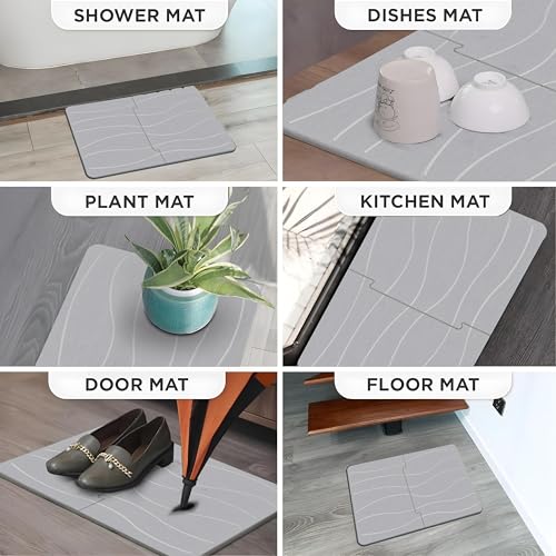 Extra Large Stone Bath Mat 32 x 20 in, Non Slip Quick Dry Diatomite, Gray | Super absorbent surface, easy-care finish, includes non-slip pad, bathroom and dish-drying use - color: Extra Large Gray