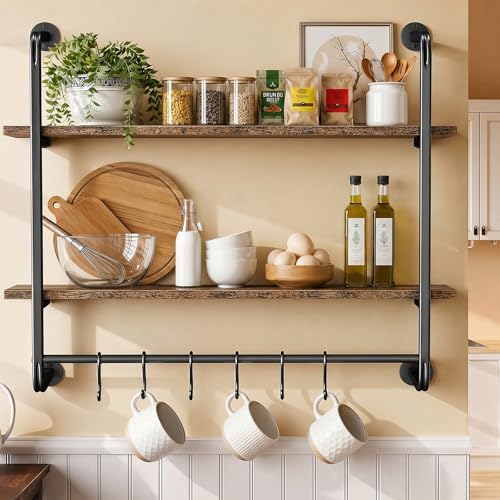 2 Tier Industrial Pipe Floating Shelf, 31.5" Kitchen Wall Shelves | with Towel Bar & 6 Hooks, Coffee Bar Shelves Display Bookshelf Wall Shelf for Kitchen, Bathroom, Home Décor, Rustic Brown - size: 31.5 Inch（2 Tier）