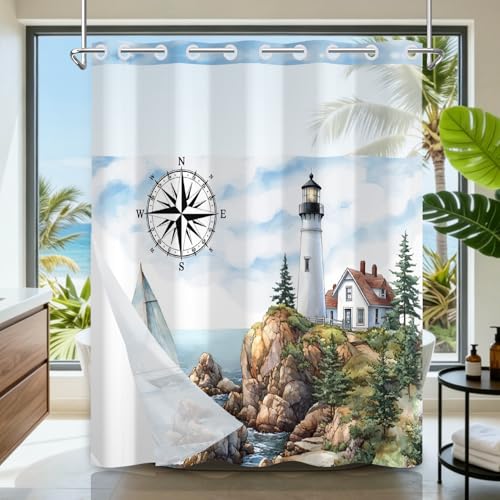 No Hook Shower Curtain and Liner Set, Seaside Lighthouse Pattern Shower Curtain No Hooks with Snap in Liner, 71x74in Easy Hang Shower Curtains for Bathroom with Mesh Top Window and Weighted Hem - color: Lighthouse