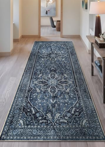 Bloom Rugs Caria Washable Non-Slip 7 ft Runner - Blue/Charcoal Traditional Runner for Entryway, Hallway, Bathroom, and Kitchen - Exact Size: 2'6" x 7' - color: Blue / Charcoal, size: 2'6" x 7' (Runner)