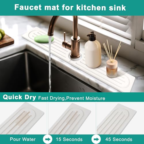 23.6" Drying Stone Faucet Mat for Kitchen Sink - Diatomite Quick Dry Splash Guard, Water Absorbent Stone Tray, Durable Protector for Bathroom Counter (White, 23.6" x 3.9")