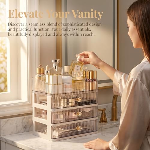Makeup Organizer with 3 Drawers, Bathroom Counter Organizer. | Clear Cosmetic Display Case, Ideal for Make Up, Skincare, Perfume; Suitable for Dresser Top, Vanity and Desk