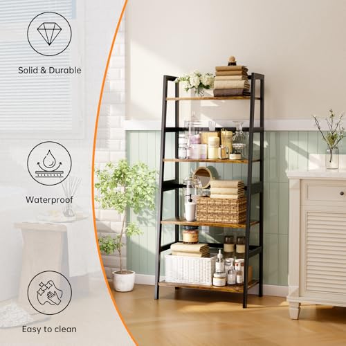 HITNET Ladder Shelf, 4 Tier Bookshelf with Bamboo Frame, Freestanding Bathroom Storage Shelving Unit for Living Room, Home Office, Bedroom, Rustic Brown and Black - color: Rustic Brown and Black