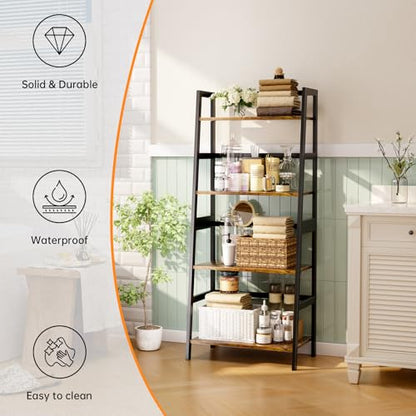 HITNET Ladder Shelf, 4 Tier Bookshelf with Bamboo Frame, Freestanding Bathroom Storage Shelving Unit for Living Room, Home Office, Bedroom, Rustic Brown and Black - color: Rustic Brown and Black