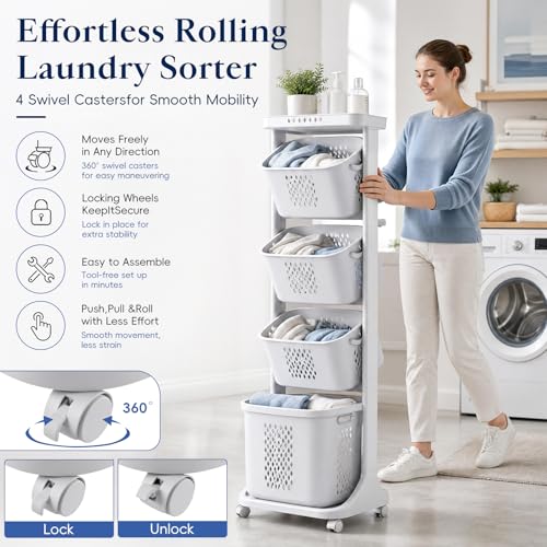 4 Tier Rolling Laundry Sorter Cart, Laundry Hamper with Wheels and Removable Baskets, Narrow Laundry Organizer for Bathroom, Bedroom and Laundry Room, Large Capacity Clothes Storage Cart