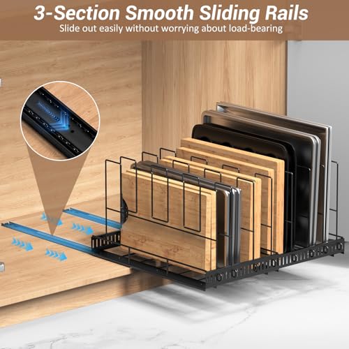 Housolution Pull Out Baking Tray and Cookie Sheet Cutting Board Organizer | 13"-22" Expandable, 21.5" Deep, 8 Adjustable Dividers, Sliding Rail Design, Sturdy Metal Structure, Adhesive/Screw Fixing - color: Black, 8 Dividers, size: Large