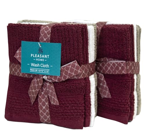 PH Pleasant Home Ribbed Wash Cloths Set - 12 Pack (12” x 12”) – 509 GSM - 100% Ring Spun Cotton Wash Cloth - Super Soft and Highly Absorbent Face Towels (Maroon, White & Tan) - color: Maroon, White & Tan, style: Ribbed