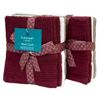 PH Pleasant Home Ribbed Wash Cloths Set - 12 Pack (12” x 12”) – 509 GSM - 100% Ring Spun Cotton Wash Cloth - Super Soft and Highly Absorbent Face Towels (Maroon, White & Tan) - color: Maroon, White & Tan, style: Ribbed