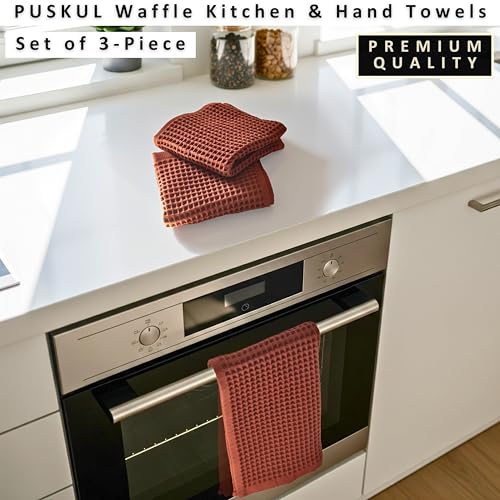PÜSKÜL Natural 100% Turkish Cotton Waffle Kitchen and Hand Towels, 3-Piece | Brick-Red, 32x16" Large, Premium 3D Honeycomb Weave Soft Absorbent Quick-Dry Lint-Free Dish Towel, Oeko-Tex Made in Turkey - color: Red Brick, size: Kitchen & Hand Towels Pack of