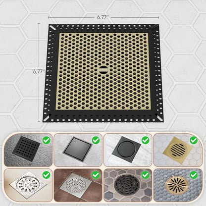 Not Moving Square Shower Drain Hair Catcher, Drain Cover, 6 inch | 304 Stainless Steel and TPE Material/ Efficient Drainage / Easy Clean / Anti-Clogging / Fits Bathroom Hair Catcher for Shower - color: Matte Black & Brushed Gold, size: 6 inch