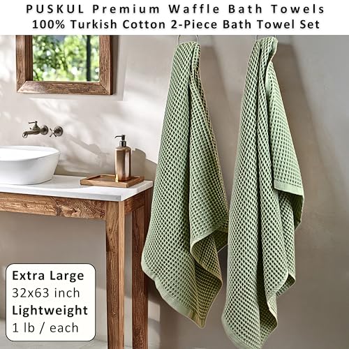 PÜSKÜL Natural 100% Turkish Cotton Waffle Bath Towels Set of 2, Extra-Large | Sage Green, Oversize 32x63" Bath sheet towel for bathroom & beach. Honeycomb-Waffle weave, Premium oeko-tex made in Turkey. - color: Sage Green, size: Bath Towels - Pack of 2