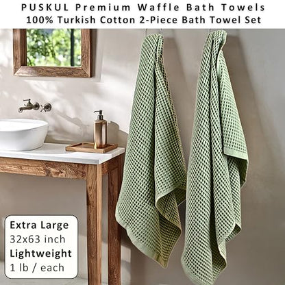PÜSKÜL Natural 100% Turkish Cotton Waffle Bath Towels Set of 2, Extra-Large | Sage Green, Oversize 32x63" Bath sheet towel for bathroom & beach. Honeycomb-Waffle weave, Premium oeko-tex made in Turkey. - color: Sage Green, size: Bath Towels - Pack of 2