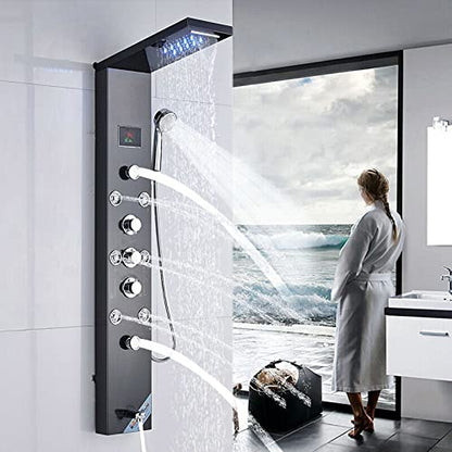 LED Light Shower Panel Tower Rainfall Waterfall Shower Head with Massager Jets Body System Jet