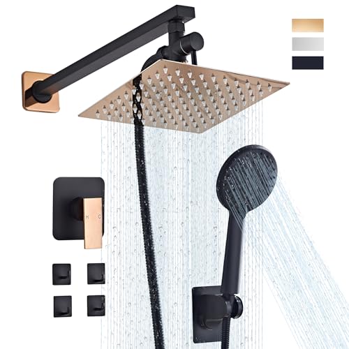 Shower Head Combo Matte Black and Rose Gold, 8 Inch Rain Shower Head with Handheld 5 Spray Modes High Pressure Rainfall Shower Heads System, 15 Inch Shower Adjustable Extension Arm - color: Matte Black+Rose Gold, style: 8 Inch with Handheld Sprayer