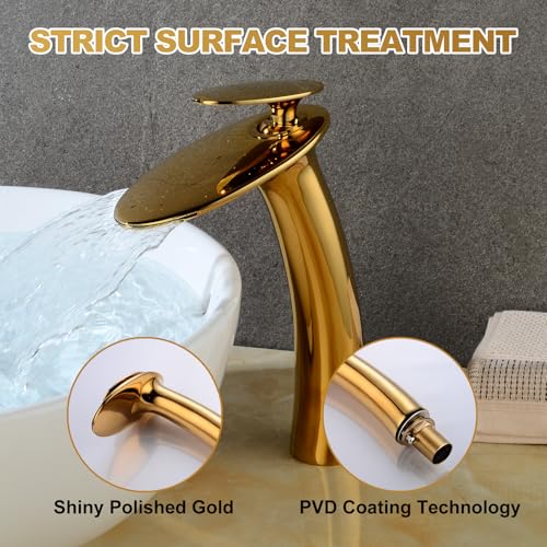 Shiny Polished Gold Waterfall Bathroom Faucet Tap Tall and Drain - color: Polished Gold, size: Tall Body