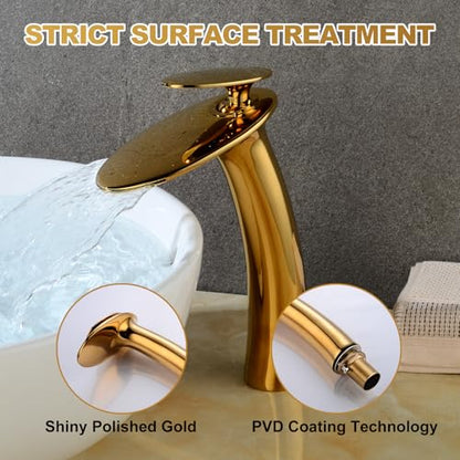 Shiny Polished Gold Waterfall Bathroom Faucet Tap Tall and Drain - color: Polished Gold, size: Tall Body
