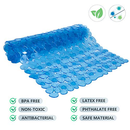 WELTRXE Non Slip Bathtub Mat, 35 x 16 Inches Bathroom Pebbles Shower Mat with Suction Cups, Drain Holes, Suction Bath Mats for Tub Machine Washable - Clear Blue - color: Pebbles-clear Blue, size: 35" x 16" (Rectangular)