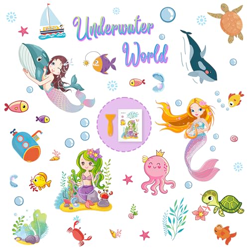 PRATIQUE Non Slip Bathtub Stickers, 6 Pages Underwater World Mermaid | Sea Organisms Stickers, Adhesive Kids Anti Slip Decal Threads, Shower Floor and Bath Tub Decals, Premium Scraper - color: Mermaid