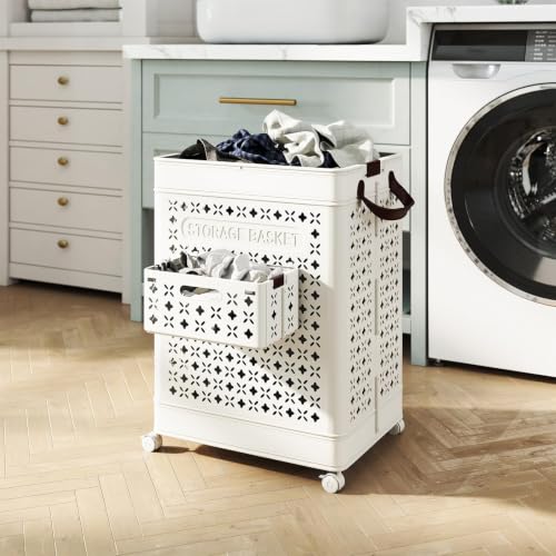 Giantex 75L Collapsible Laundry Baskets with Wheels | Foldable Laundry Hamper with Handles & Underwear Basket, Large Plastic Dirty Clothes Hamper for Bathroom, Bedroom, Dorm