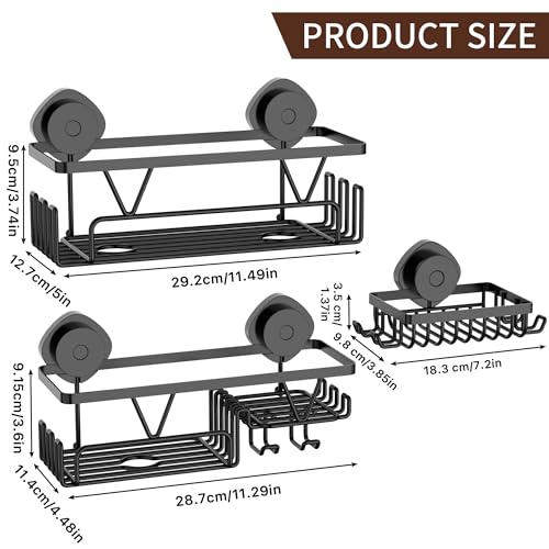 KEGII Shower Caddy Suction Cup, 3 Pack Removable Shower Shelves with Hooks & Soap Holder, No Drilling Bathroom Organizer, Waterproof Suction Storage for Inside Shower, Black