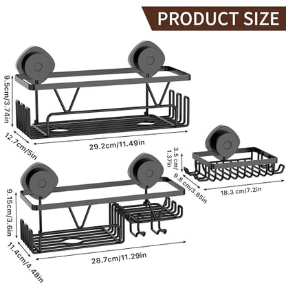 KEGII Shower Caddy Suction Cup, 3 Pack Removable Shower Shelves with Hooks & Soap Holder, No Drilling Bathroom Organizer, Waterproof Suction Storage for Inside Shower, Black
