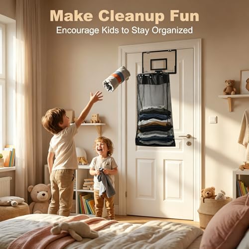 Over the Door Basketball Hamper, 2-in-1 Hanging Dirty Clothes Organizer with Hoop Design, Kids Room Fun Toss Storage Bag, Large Capacity Removable Zip Laundry Bag