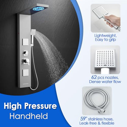ROVOGO Shower Panel Tower System With Led Lights, 5 Shower Modes, Brushed | Rainfall Mist Shower Head, 3 Body Jets, Handheld and Tub Spout, Stainless Steel Shower Column With Mixing Valve, 46.5 Inch - style: Brusehd- With Led Lights