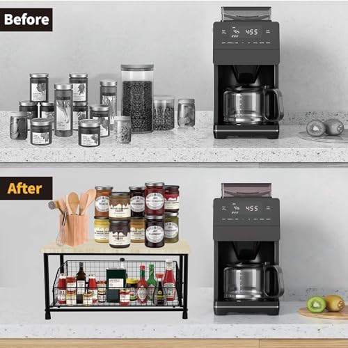Kitchen Microwave Rack, Small Coffee Stand Shelf with Drawer Storage Basket | Kitchen Counter Storage Microwave Shelf for Coffee Machine, Living Room, Bedroom(Black) - color: Black